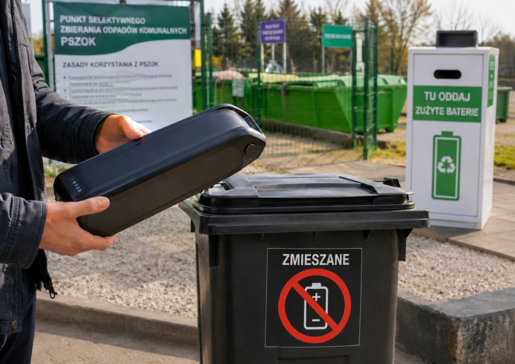 Zużyta bateria do roweru elektrycznego nie powinna trafiać do odpadów zmieszanych – na zdjęciu akumulator e-bike’a przy pojemniku i punkcie PSZOK