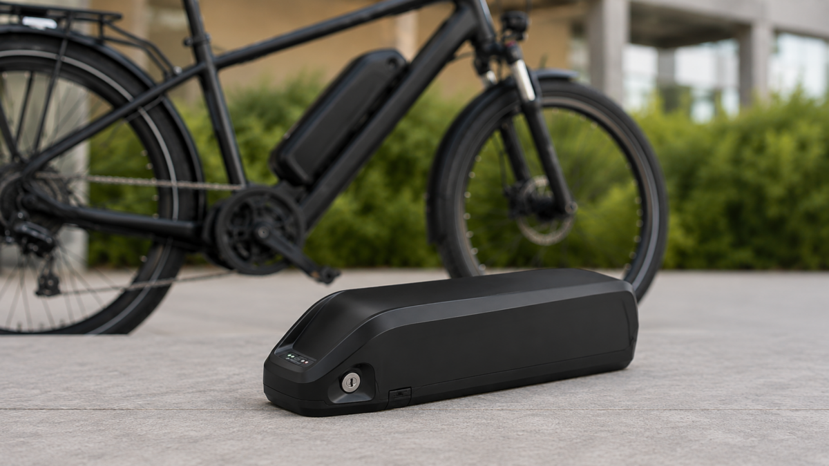 Zamienna bateria do roweru elektrycznego leżąca obok czarnego e-bike’a.