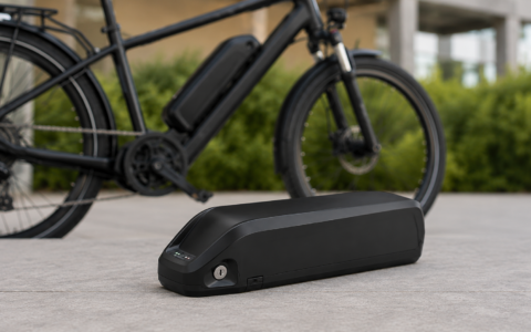 Zamienna bateria do roweru elektrycznego leżąca obok czarnego e-bike’a.