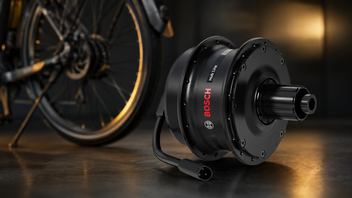 Bosch Hub Line – silnik w tylnej piaście roweru elektrycznego na tle koła e-bike’a