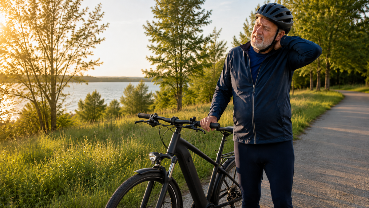 Starszy rowerzysta w kasku stoi przy rowerze elektrycznym i trzyma się za kark – ból szyi po jeździe na rowerze
