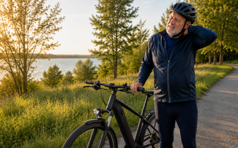 Starszy rowerzysta w kasku stoi przy rowerze elektrycznym i trzyma się za kark – ból szyi po jeździe na rowerze