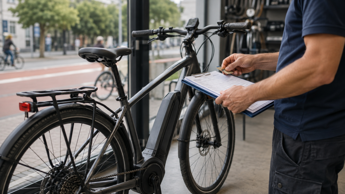 Pracownik serwisu sprawdza dokumenty przy rowerze elektrycznym w sklepie rowerowym