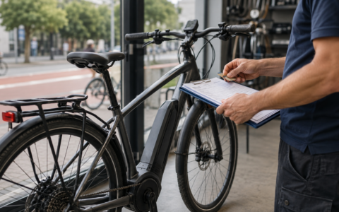 Pracownik serwisu sprawdza dokumenty przy rowerze elektrycznym w sklepie rowerowym