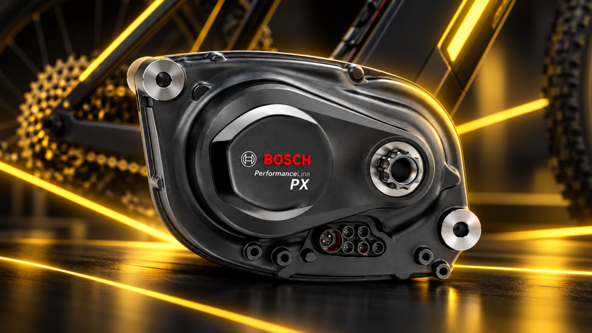 Silnik Bosch Performance Line PX do roweru elektrycznego na dynamicznym tle technicznym
