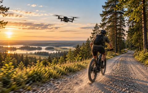 Dron śledzący rowerzystę podczas jazdy po leśnej drodze szutrowej