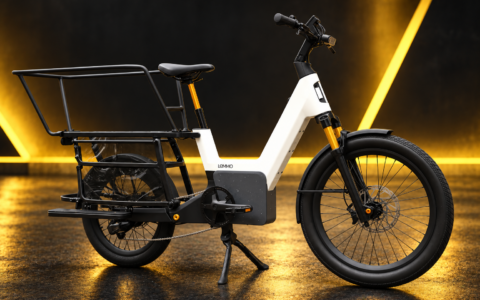 LEMMO 3 – elektryczny rower cargo typu longtail z pełnym zawieszeniem na ciemnym tle w stylu studyjnym