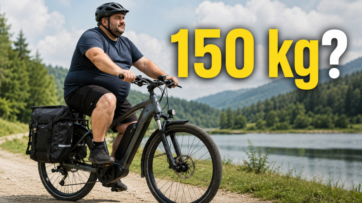 Rower elektryczny z cięższym rowerzystą i sakwami oraz napisem 150 kg