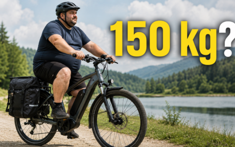 Rower elektryczny z cięższym rowerzystą i sakwami oraz napisem 150 kg