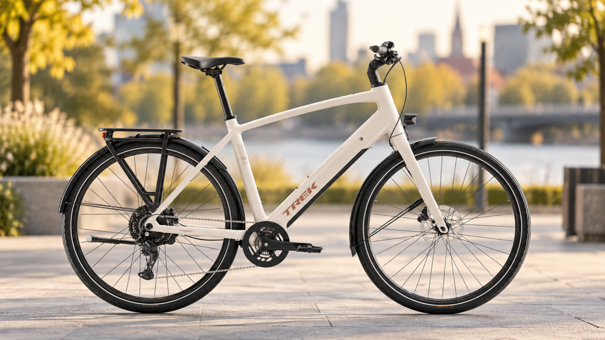 Rower elektryczny Trek Inbound+ 2 R8 na miejskim tle – Bosch Hub Line