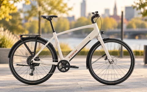 Rower elektryczny Trek Inbound+ 2 R8 na miejskim tle – Bosch Hub Line