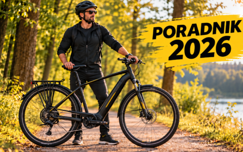 Rower elektryczny męski – poradnik 2026, mężczyzna w kasku stoi przy nowoczesnym e-bike’u na leśnej ścieżce nad jeziorem