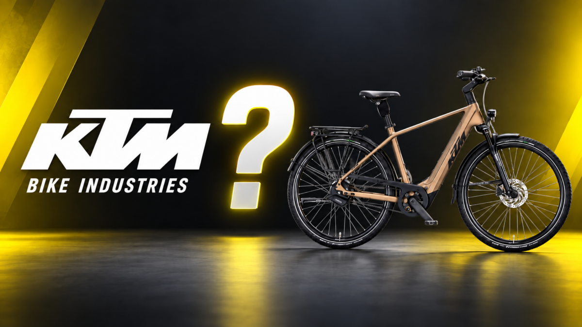 Logo KTM Bike Industries po lewej, rower elektryczny KTM po prawej i znak zapytania pośrodku na ciemnym tle