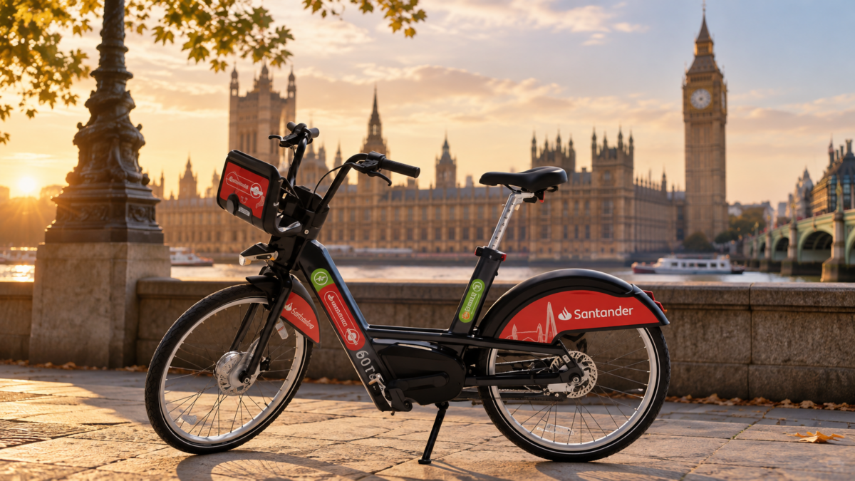 rower Santander Cycles na tle Big Bena w Londynie