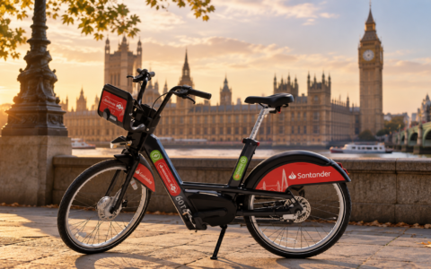 rower Santander Cycles na tle Big Bena w Londynie