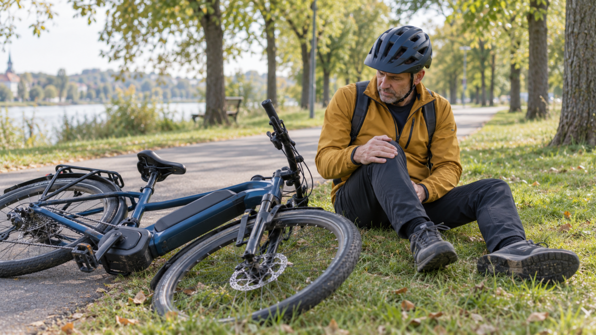 Rowerzysta w kasku trzymający się za kolano po upadku obok leżącego roweru elektrycznego.