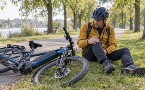 Rowerzysta w kasku trzymający się za kolano po upadku obok leżącego roweru elektrycznego.