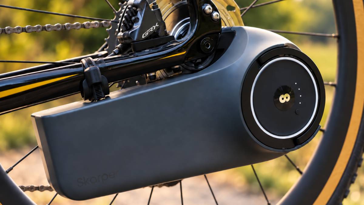 Skarper eBike Drive System zamontowany przy tylnym kole roweru gravelowego – napęd i DiskDrive w zbliżeniu