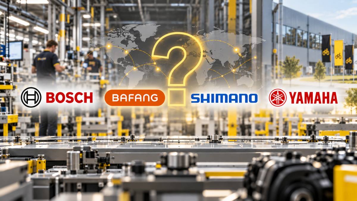 Logotypy Bosch, Bafang, Shimano i Yamaha na tle hali produkcyjnej z dużym znakiem zapytania – gdzie produkuje się silniki do rowerów elektrycznych?