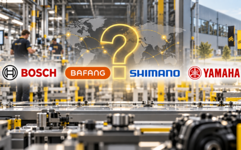 Logotypy Bosch, Bafang, Shimano i Yamaha na tle hali produkcyjnej z dużym znakiem zapytania – gdzie produkuje się silniki do rowerów elektrycznych?