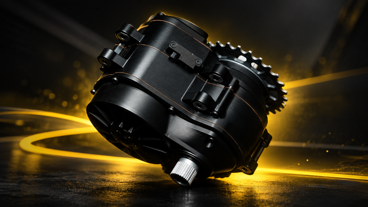 Czarny silnik centralny Intradrive GD8 ze zintegrowaną 8-biegową skrzynią biegów, widoczną zębatką i srebrnym wielowypustem, na ciemnym tle z żółtym podświetleniem.