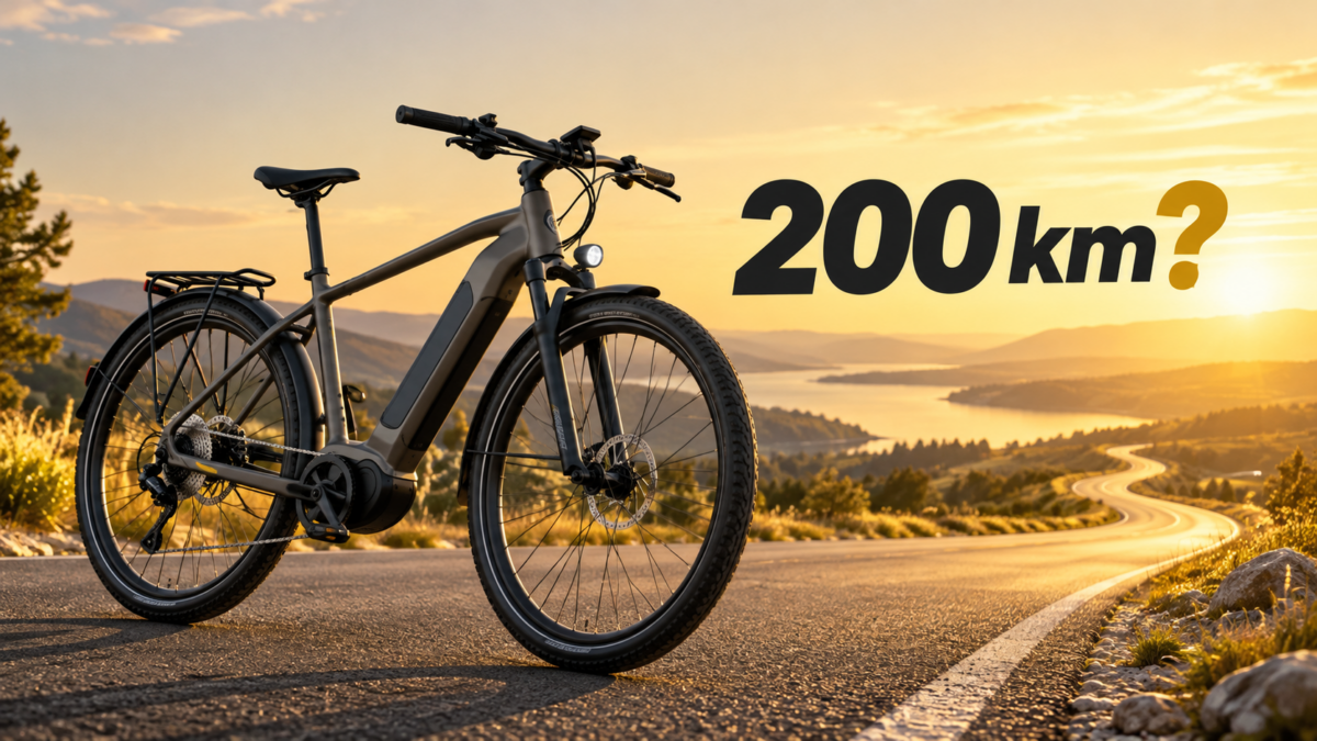 Rower elektryczny na krętej drodze z napisem „200 km?” – czy możliwy jest tak duży zasięg na jednym ładowaniu?