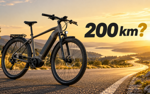 Rower elektryczny na krętej drodze z napisem „200 km?” – czy możliwy jest tak duży zasięg na jednym ładowaniu?