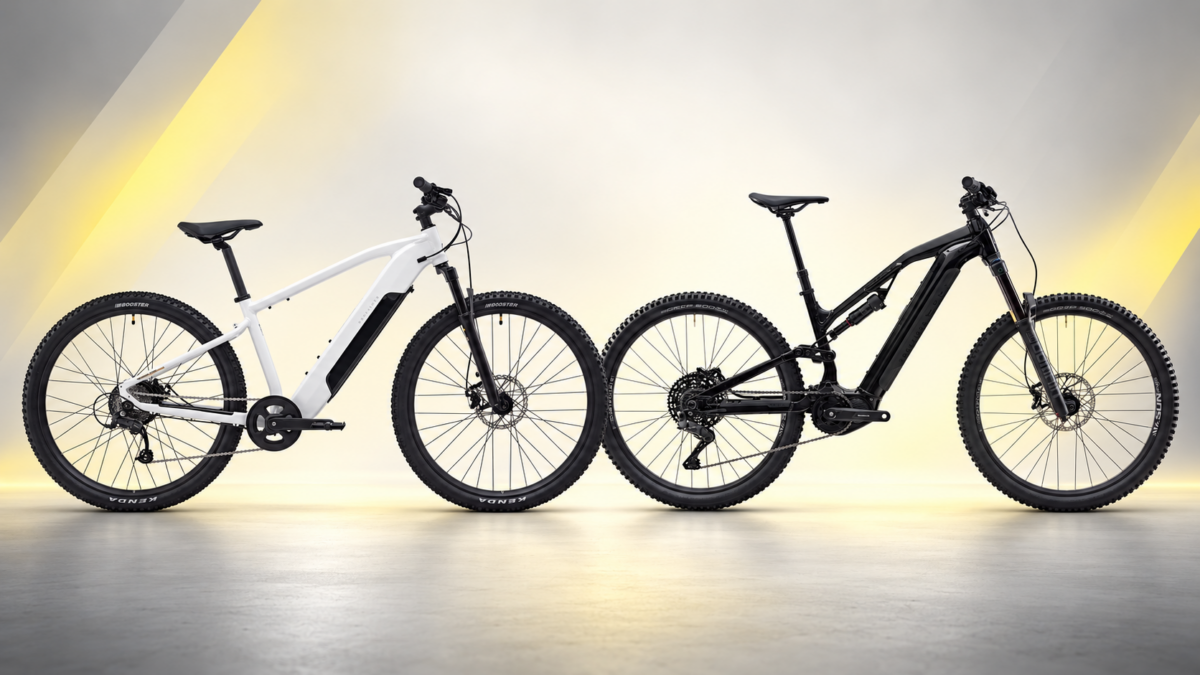 Rowery elektryczne Rockrider E-EXPL 100 i E-FEEL 900S – porównanie modeli na jasnym tle z żółtymi akcentami
