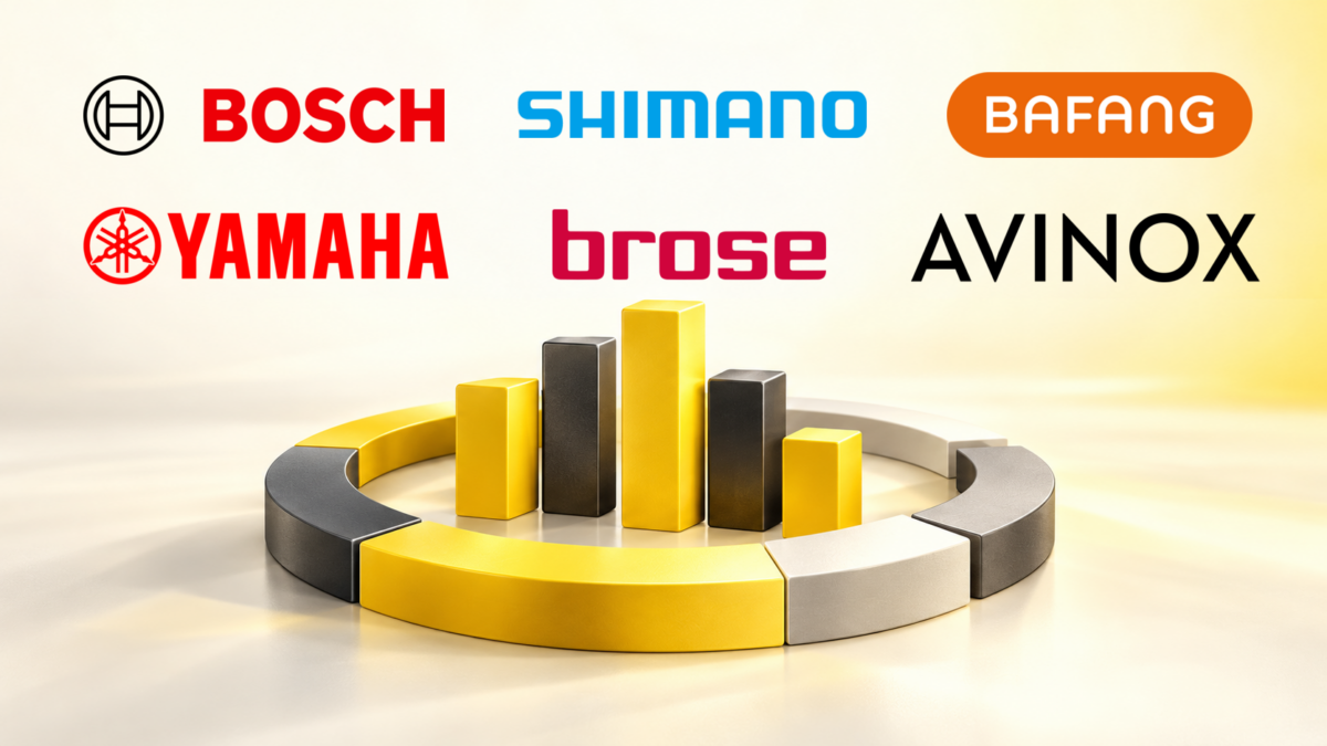 Logotypy Bosch, Shimano, Bafang, Yamaha, Brose i Avinox nad żółto-czarnym wykresem symbolizującym udziały producentów silników do rowerów elektrycznych w rynku.