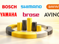 Logotypy Bosch, Shimano, Bafang, Yamaha, Brose i Avinox nad żółto-czarnym wykresem symbolizującym udziały producentów silników do rowerów elektrycznych w rynku.