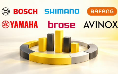 Logotypy Bosch, Shimano, Bafang, Yamaha, Brose i Avinox nad żółto-czarnym wykresem symbolizującym udziały producentów silników do rowerów elektrycznych w rynku.