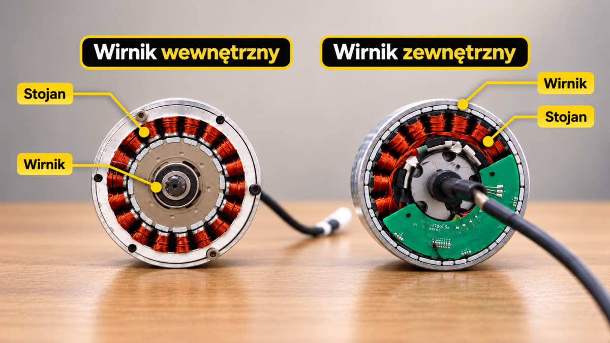 Porównanie dwóch silników elektrycznych: po lewej wirnik wewnętrzny otoczony stojanem z miedzianymi uzwojeniami, po prawej wirnik zewnętrzny otaczający stojan.
