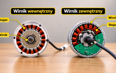 Porównanie dwóch silników elektrycznych: po lewej wirnik wewnętrzny otoczony stojanem z miedzianymi uzwojeniami, po prawej wirnik zewnętrzny otaczający stojan.