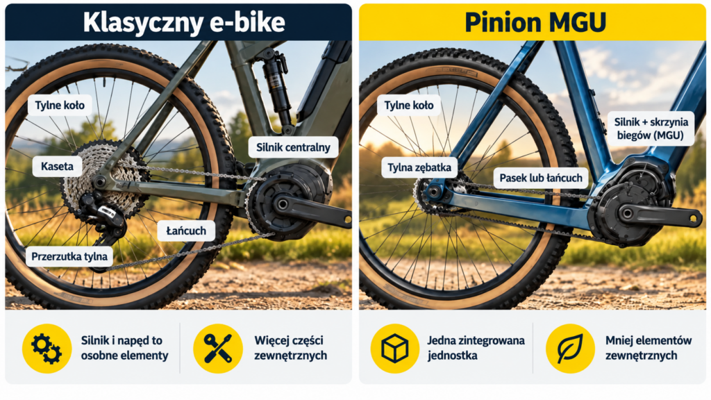 Porównanie klasycznego napędu e-bike z systemem Pinion MGU ze zintegrowanym silnikiem i skrzynią biegów - infografika
